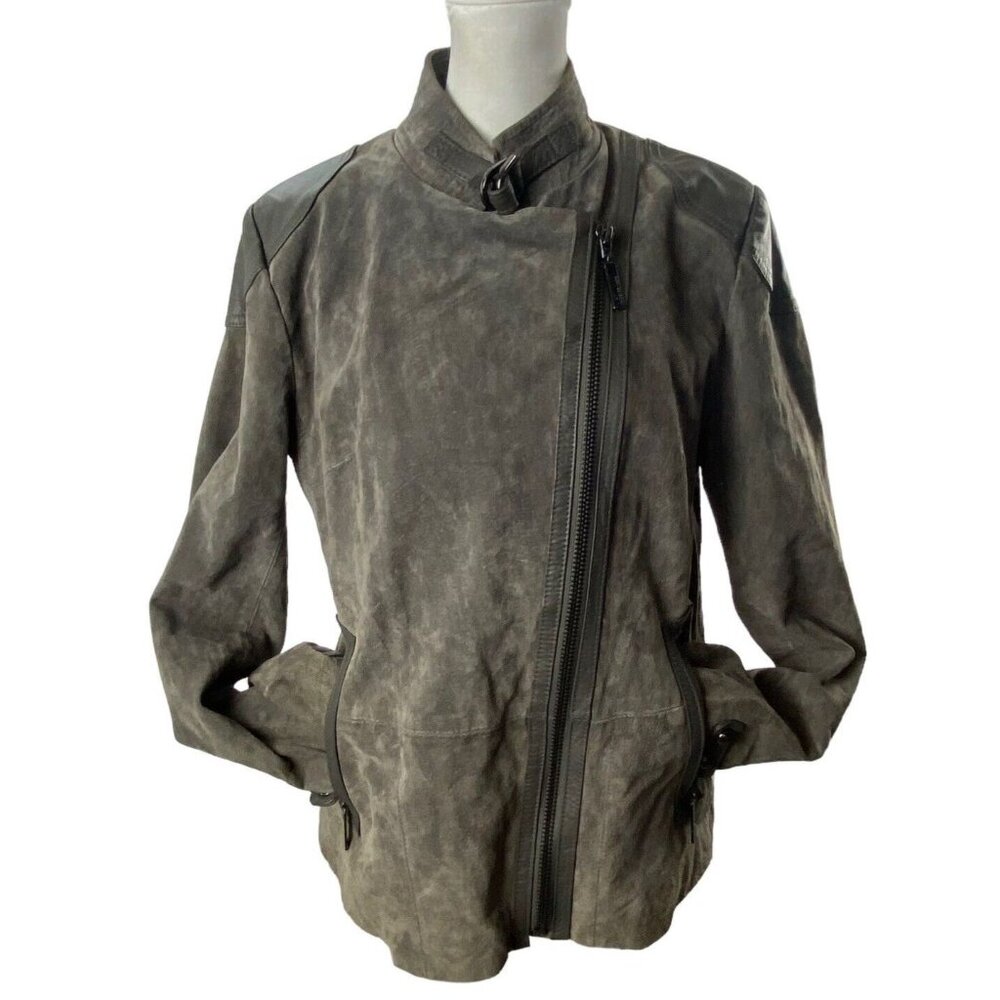 QUEEN COLLECTION Women Moto Leather Suede Zip Front Jacket Sz M Gray Edgy Biker